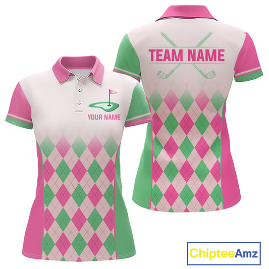 Argyle Pattern Golf Polo Shirts For Womens Custom Name, Golf Pattern Pink Green Shirt Gifts NHT930