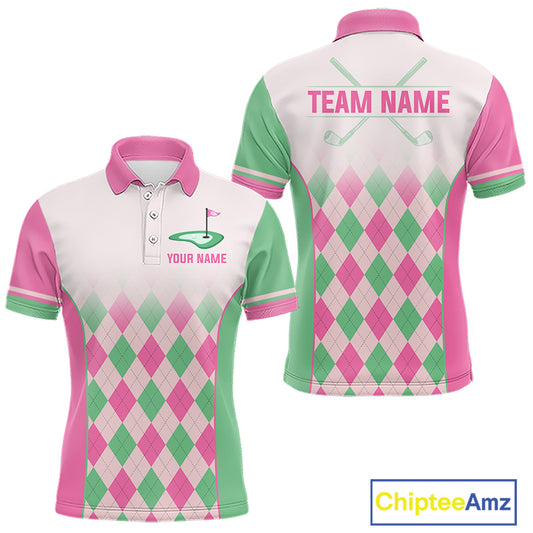 Argyle Pattern Golf Polo Shirts For Mens Custom Name, Golf Pattern Pink Green Shirt Gifts NHT930