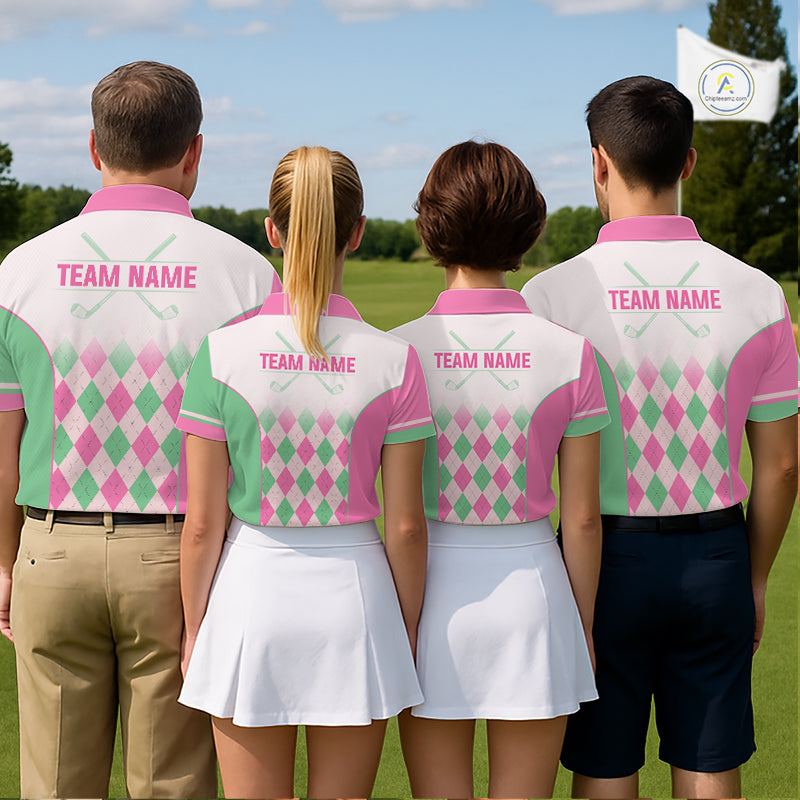 Argyle Pattern Golf Polo Shirts For Mens Custom Name, Golf Pattern Pink Green Shirt Gifts NHT930