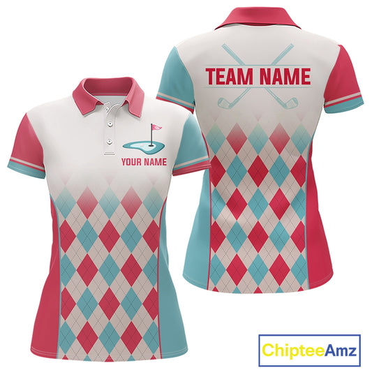 Argyle Pattern Golf Polo Shirts For Womens Custom Name, Golf Pattern Red Blue Shirt Gifts NHT931
