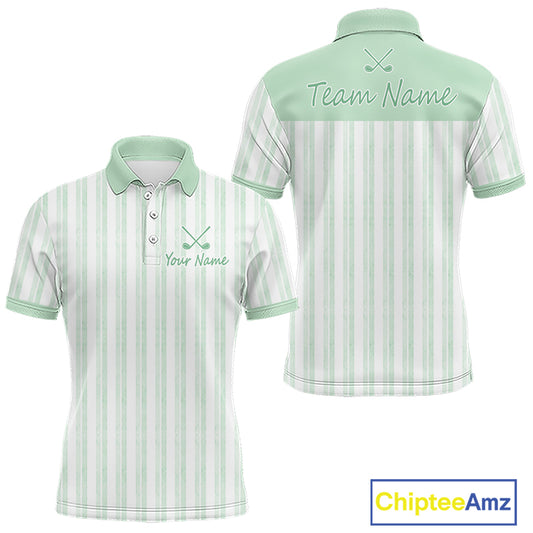 Personalized mint green striped golf polo shirt for men with custom team name