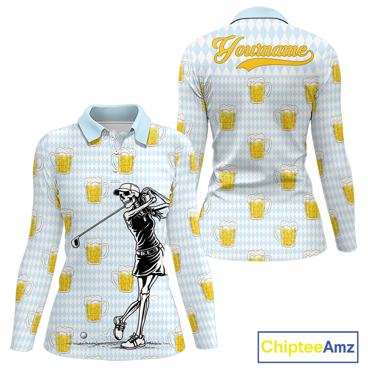 Funny Skull Golf Polo Shirts Beer Blue Argyle Pattern Custom Name Skull Playing Golf Apparel NBT629