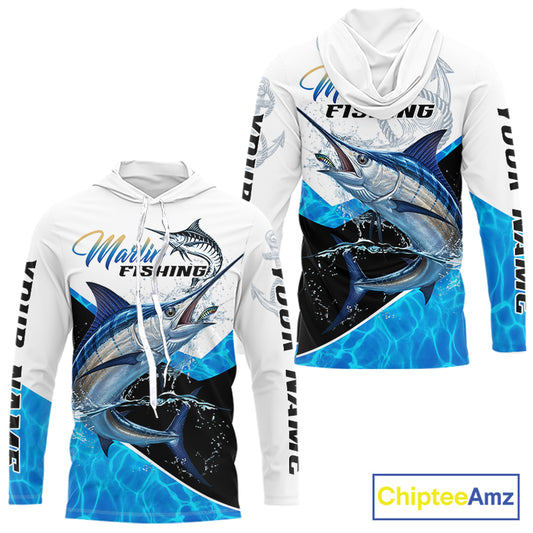 Custom Marlin Saltwater Fishing Shirt Long Sleeve Hooded Designed For Deep Sea Anglers