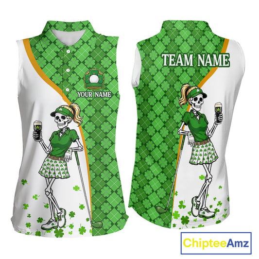 Custom St. Patrick's Day Womens Sleeveless Golf Polo Shirt – Lucky Shamrock Skeleton Golfer Team Uniform
