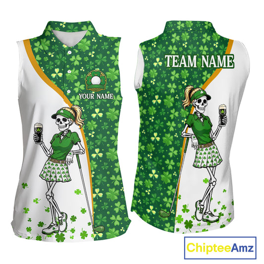 Custom St. Patrick's Day Womens Sleeveless Golf Polo Shirt – Shamrock Skeleton Lady Golfer Personalized Team