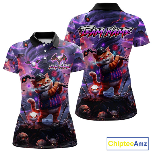 Personalized Womens Golf Polo Shirts Angry Cat Golfer Gothic Lightning Theme Team Name Shirt NHT803