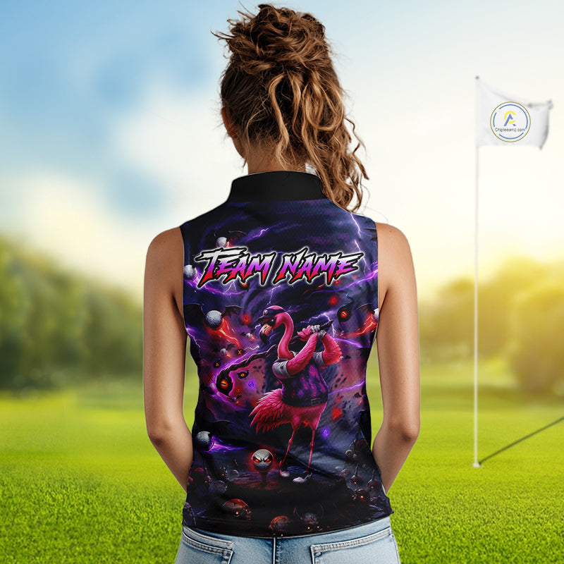 Personalized Sleeveless Women Golf Polo Shirts Angry Flamingo Golfer Gothic Lightning Theme Team Name Shirt NHT804
