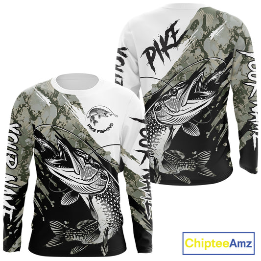 Personalized Gray Camo Northern Pike Fishing Jersey, Team Pike Fishing Long Sleeve Tournament Shirt NHT816