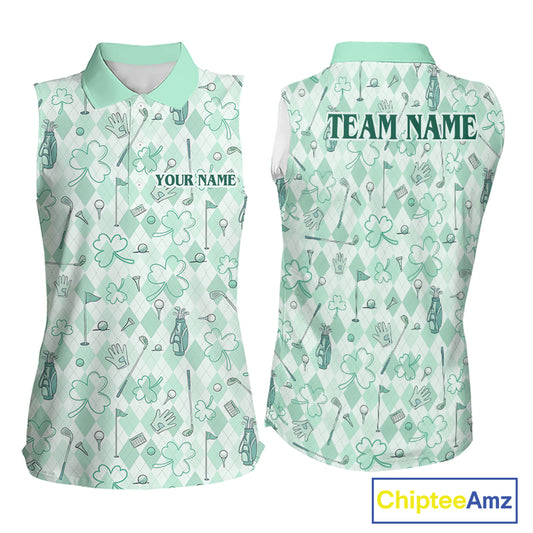 Custom Women's Sleeveless Golf Polo Shirt Lucky Shamrock Argyle Pattern Personalized Team Name