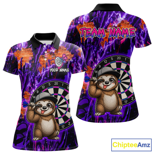 Colorful polo shirt with cartoon sloth and dartboard design, customizable text, and ChipteeAmz branding.