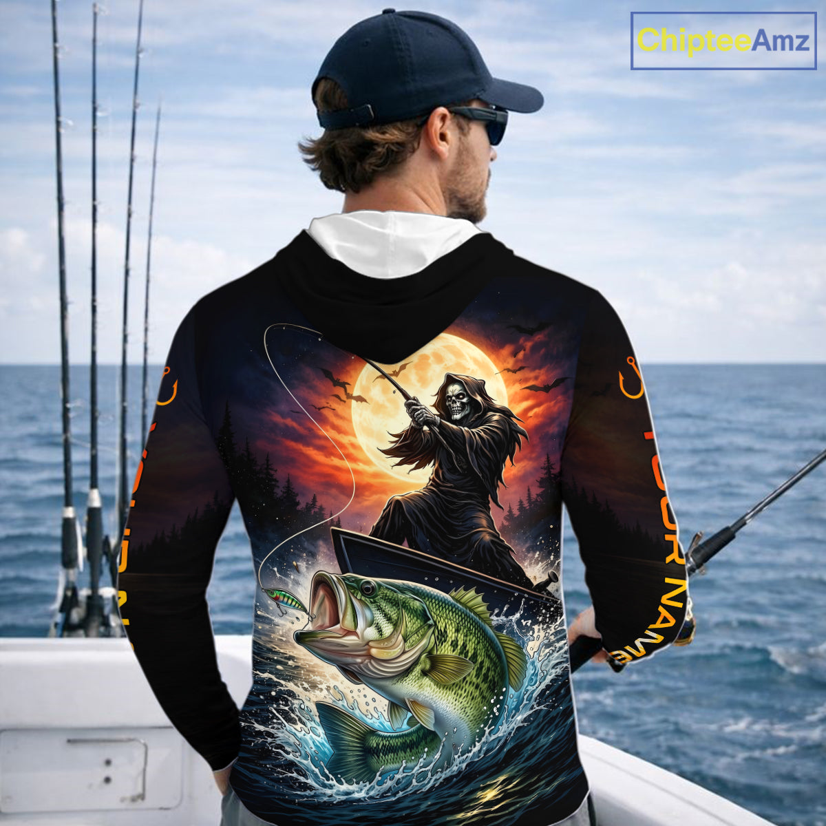 Personalized Fish Reaper Fishing Shirts Jerseys, Fish Reaper Sunset Bass Fishing Shirts Long Sleeve Hooded NHT829