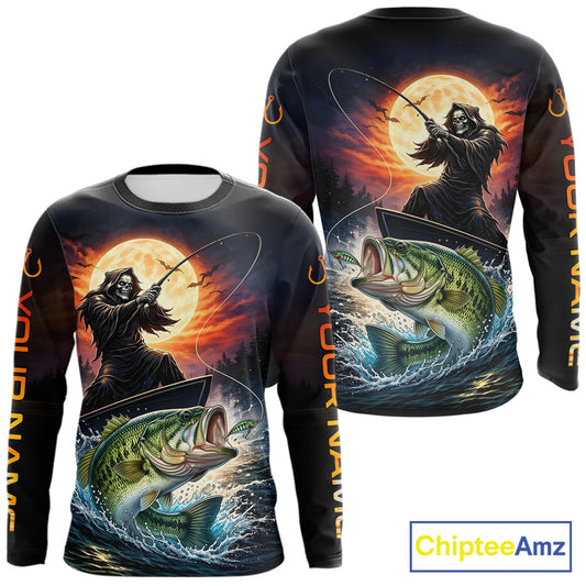 Personalized Fish Reaper Fishing Shirts Jerseys, Fish Reaper Sunset Bass Fishing Shirts Long Sleeve NHT829