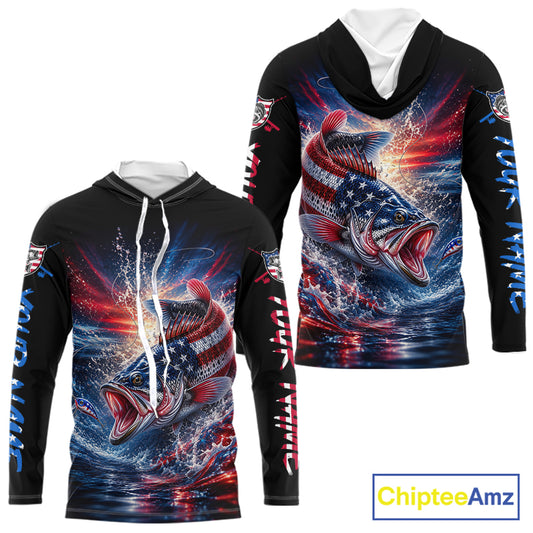 Patriotic Bass Fishing Long Sleeve Hooded Shirt – American Flag Design For Men