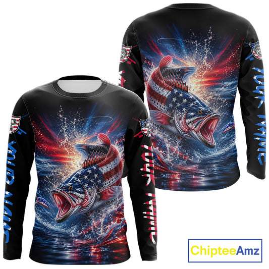 Patriotic Bass Fishing Long Sleeve Shirt – American Flag Design For Men