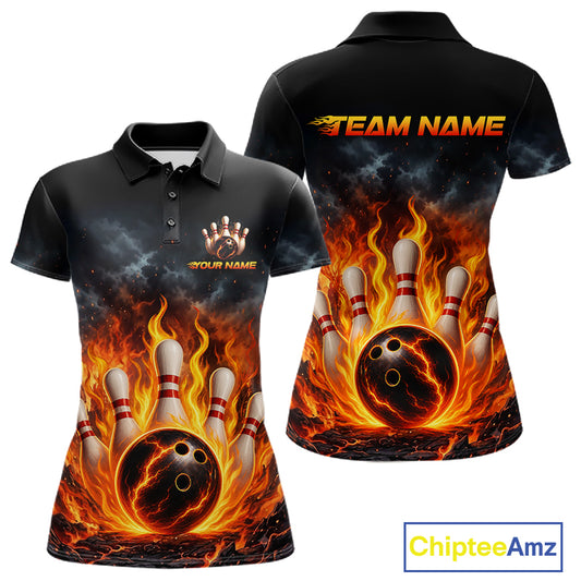 A custom short-sleeve polo shirt shown from both front and back views. The shirt features a black base with a dramatic, all-over print of a bowling ball surrounded by bright orange and yellow flames, with bowling pins rising up.