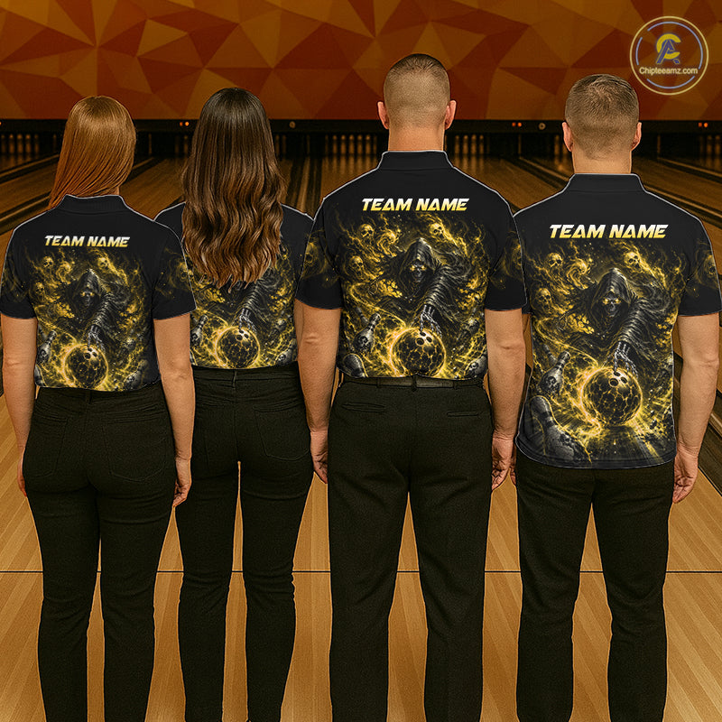 Custom Yellow Fire Grim Reaper Bowling Jersey For Men Bowling Team Shirts Polo & 1/4 Zip NHT1148