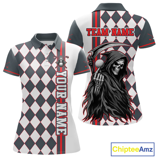 Polo shirt with checkered pattern and grim reaper design, customizable text on a white background.