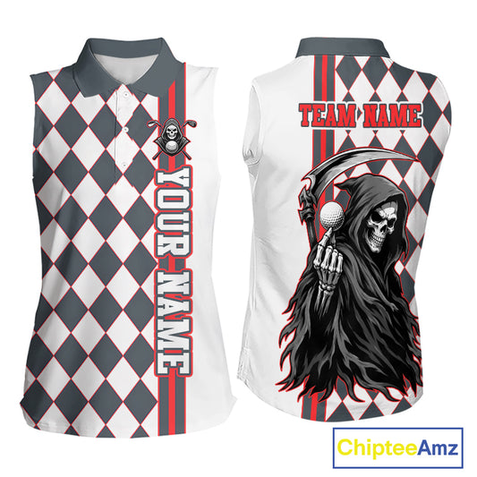 Personalized Skeleton Golf Polo Shirt For Womens Sleeveless - Funny Grim Reaper Golf Team Polo|Red