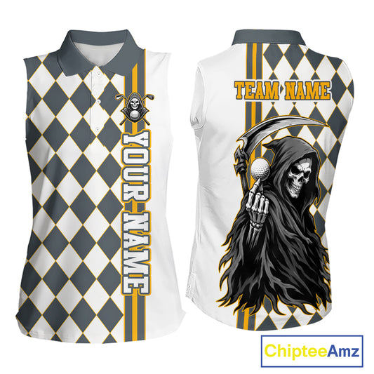 Personalized Skeleton Golf Polo Shirt For Womens Sleeveless - Funny Grim Reaper Golf Team Polo|Yellow