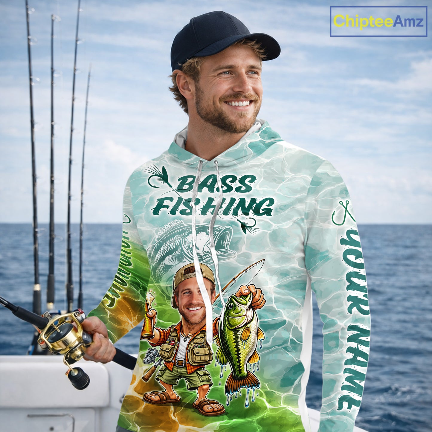 Custom Photo Funny Bass Fishing Shirts Long Sleeve Hooded For Men, Fishing Team Jersey NHT642