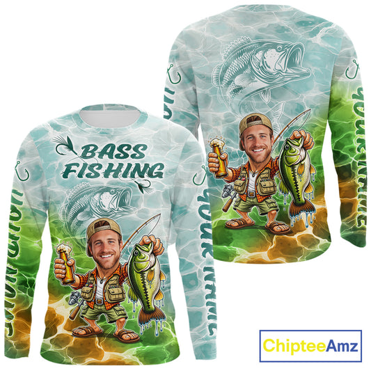 Custom Photo Funny Bass Fishing Shirts Long Sleeve For Men, Fishing Team Jersey NHT642