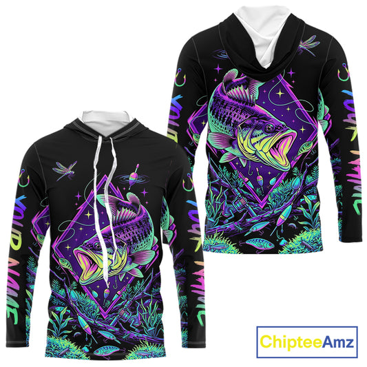 Neon Bass Fishing Shirts Long Sleeve Hooded – Largemouth Bass Galaxy Glow Graphic Gift For Men Dad NHT853