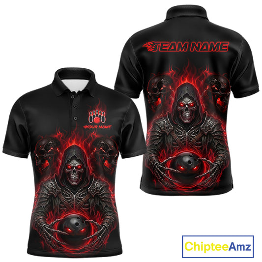 Black short-sleeve polo shirt shown from front and back with a large red and black hooded skull graphic, red flame effects, and customizable text areas on the chest and neck. A ChipteeAmz logo appears in the bottom right corner.