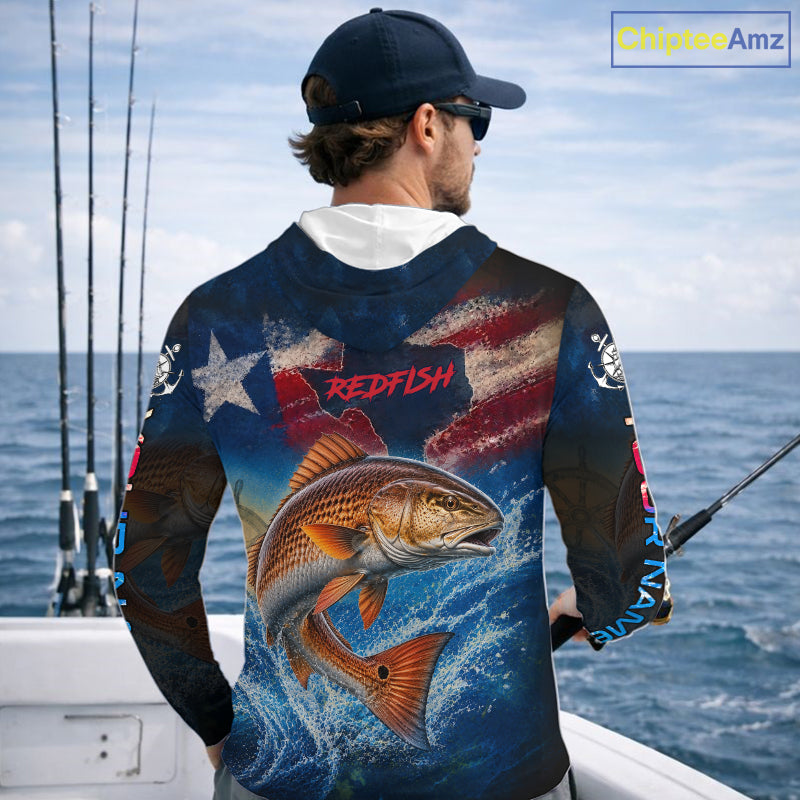 Texas Flag Redfish Long Sleeve Hooded Fishing Jersey, Red Drum Saltwater Performance UV Shirt For Men