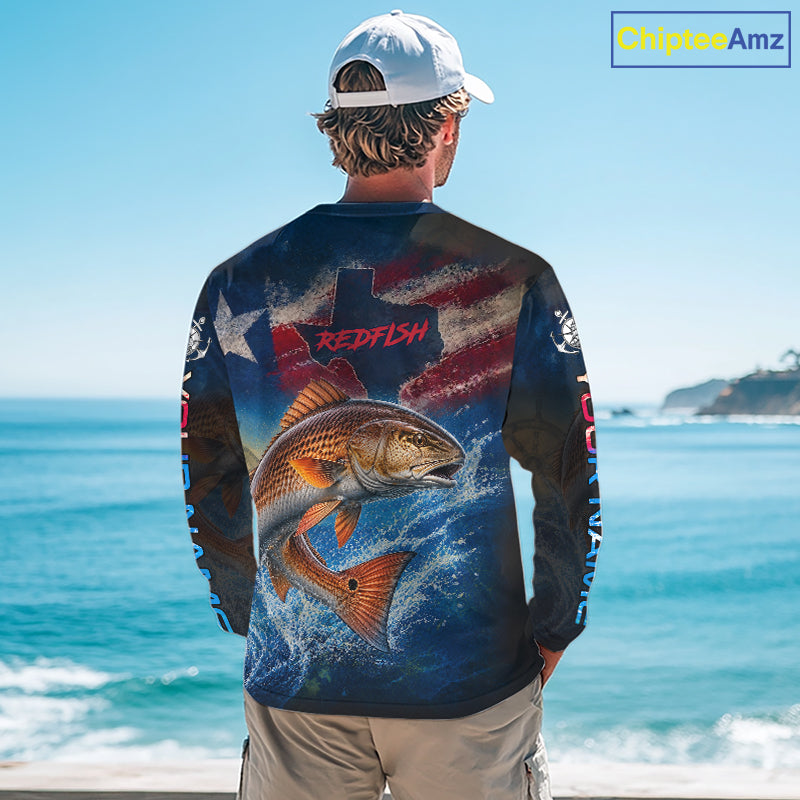 Texas Flag Redfish Long Sleeve Fishing Jersey, Red Drum Saltwater Performance UV Shirt For Men