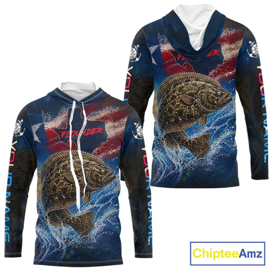 Texas Flag Flounder Long Sleeve Hooded Fishing Jersey, Flounder Saltwater Performance UV Shirt For Men