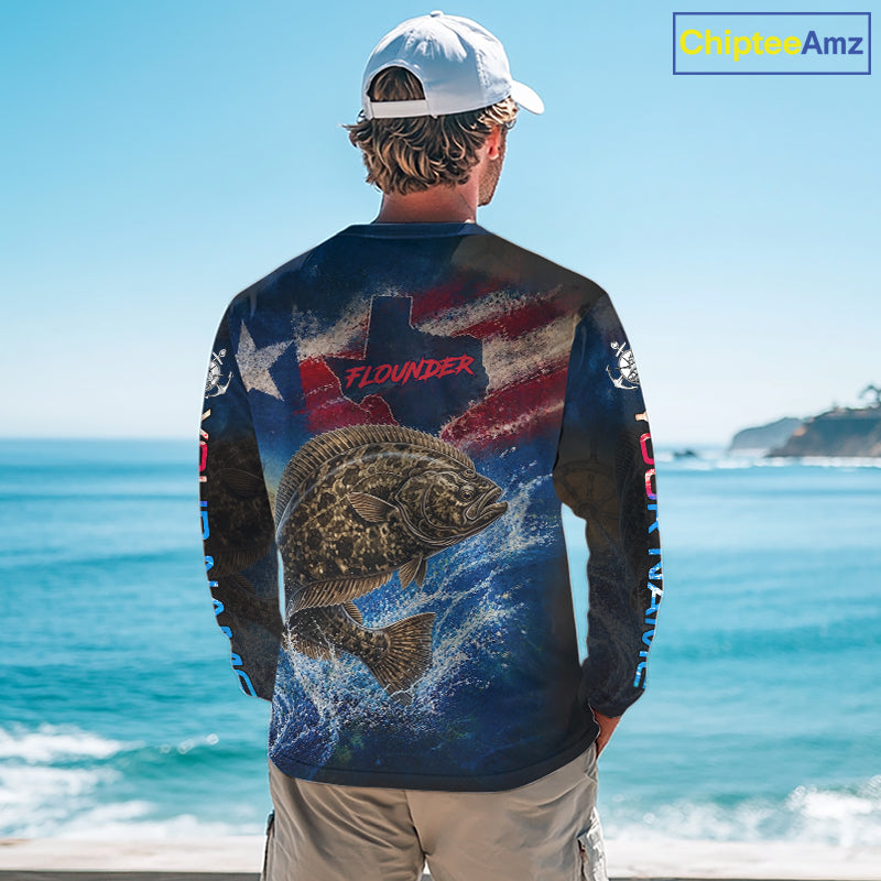 Texas Flag Flounder Long Sleeve Fishing Jersey, Flounder Saltwater Performance UV Shirt For Men