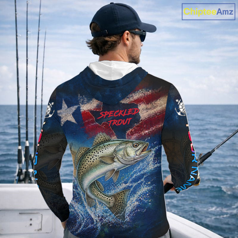 Texas Flag Speckled Trout Long Sleeve Hooded Fishing Jersey, Trout Saltwater Performance UV Shirt For Men
