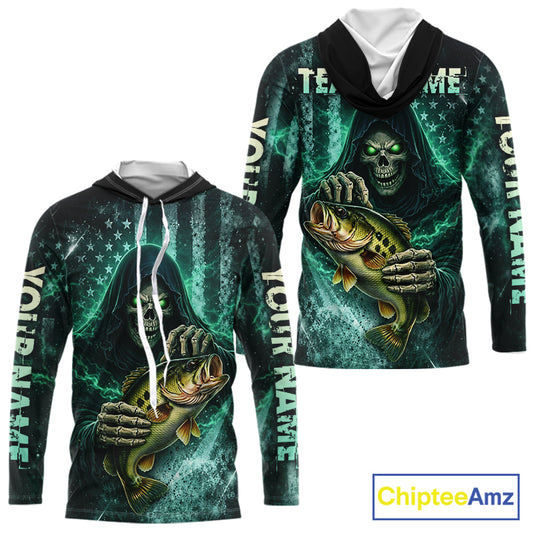 Custom Team Name Grim Reaper Bass Fishing With American Flag - Hooded Patriotic Bass Fishing Jersey NHT515