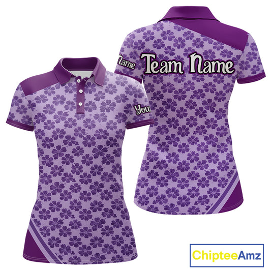 Custom Womens Purple Floral Golf Polo, Personalized Violet Flower Golf Shirt With Name NHT696