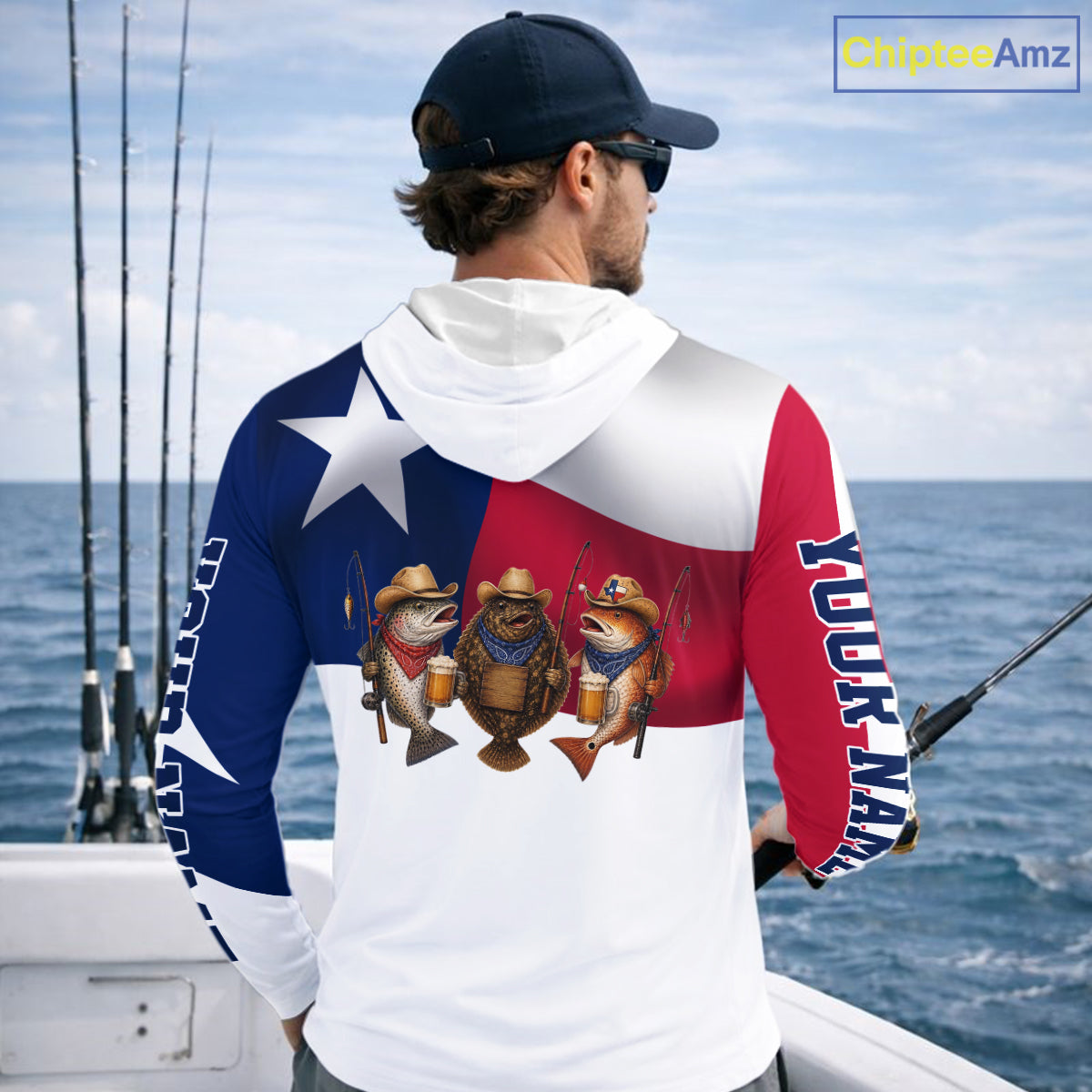 Funny Cowboy Trout, Flounder, Redfish Texas Flag Long Sleeve Hooded Fishing Shirts Apparel