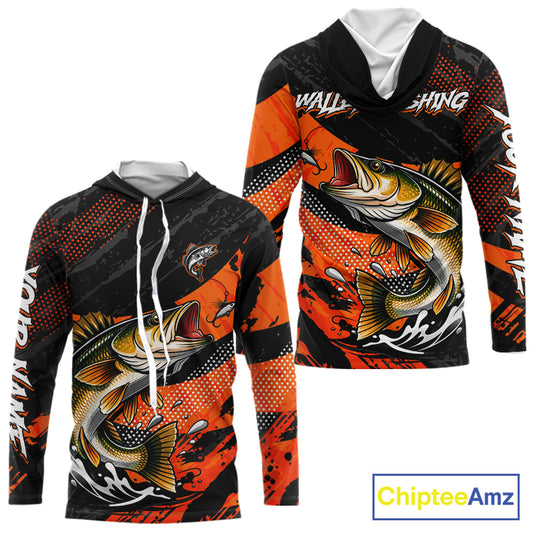 Personalized Walleye Fishing Long Sleeve Hooded Tournament Shirt For Men, Performance Fishing Shirt NHT461