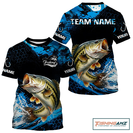 Back view of custom bass fishing shirt made from breathable polyester with UPF 30+ sun protection.