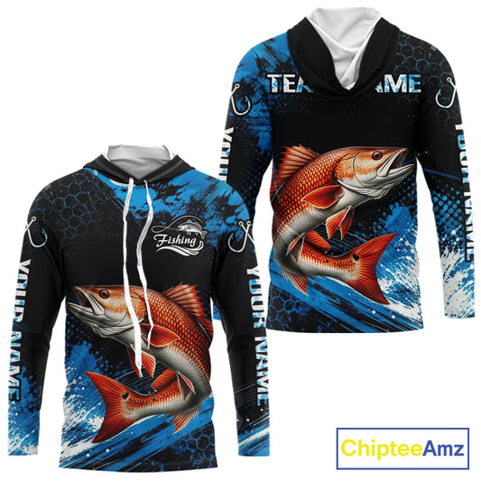Custom Redfish Fishing Jersey long sleeve hooded shirt with bold redfish graphic and performance fit.