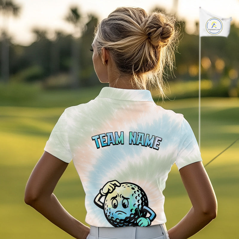Funny Tie Dye Womens Golf Team Polo Shirt – Cartoon Golf Ball Golfer Shirt, Personalized Golf Family Team Shirt NHT741