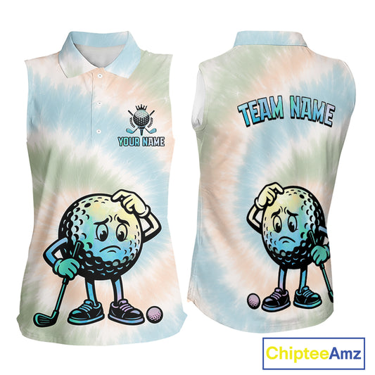 Funny Tie Dye Sleeveless Womens Golf Team Polo Shirt – Cartoon Golf Ball Golfer Shirt, Personalized Golf Family Team Shirt NHT741