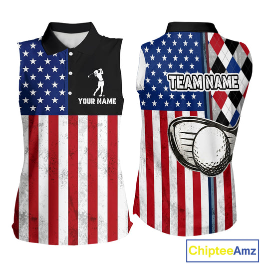 Personalized Sleeveless Womens Golf Polo Shirt American Flag Patriotic Golf Shirts Golf Gifts For Womens NHT746