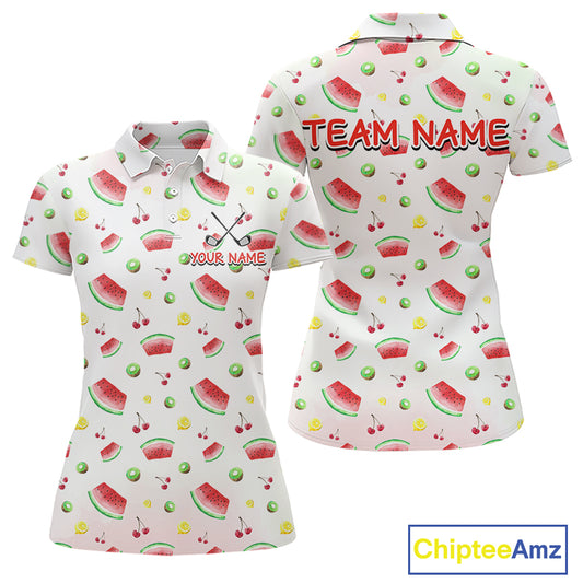Funny Watermelon Pattern Womens Polo Shirt, Long Sleeve Golf Polo Shirt Custom Watermelon Pattern Team Golf Top NHT757