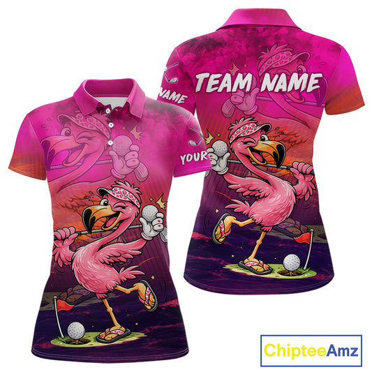 Personalized Flamingo Womens Golf Polo Shirt Custom Name And Team Hot Pink Funny Tropical Golf Outfit NHT1237