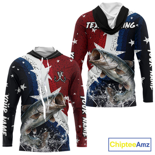 Personalized Texas Flag Catfish Fishing Shirt Jerseys, Texas Catfish Fishing Shirts Long Sleeve Hooded For Men NHT760