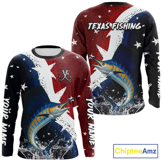 Personalized Texas Flag Sailfish Fishing Shirt Jerseys, Texas Sailfish Fishing Shirts Long Sleeve For Men NHT763