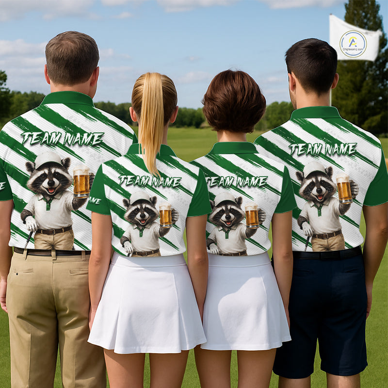 Custom Funny Beer Raccoon Golf Jersey For Mens, Mens Golf Polo Shirt Black Beige Golf Jersey NHT936