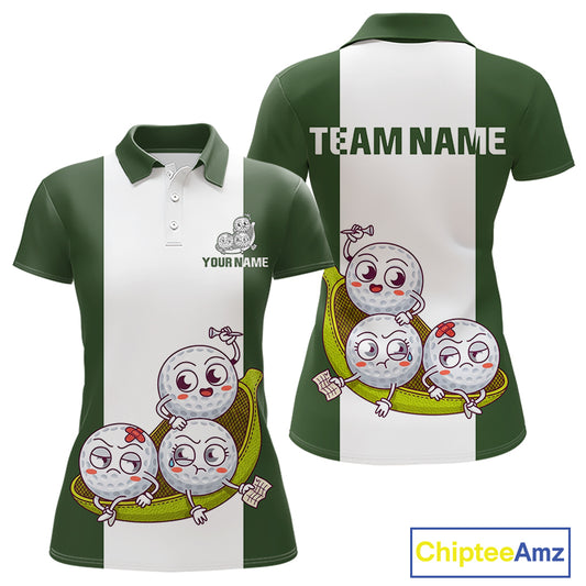 Custom Green White Womens Golf Team Polo Shirt, Funny Golf Ball Family Design, Matching Team Outfit NHT789