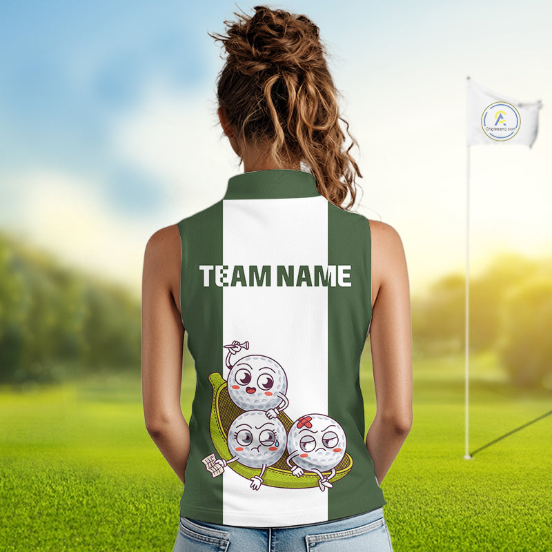 Custom Green White Sleeveless Womens Golf Team Polo Shirt, Funny Golf Ball Family Design, Matching Team Outfit NHT789