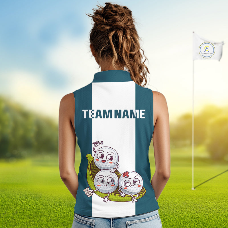 Custom Blue Teal White Sleeveless Womens Golf Team Polo Shirt, Funny Golf Ball Family Design, Matching Team Outfit NHT791