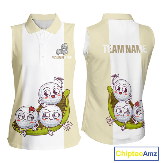 Custom Beige White Sleeveless Womens Golf Team Polo Shirt, Funny Golf Ball Family Design, Matching Team Outfit NHT792